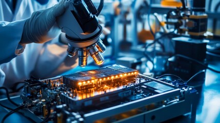 Poster - Microscopic inspection of circuit boards laboratory technology analysis industrial environment close-up view innovation in electronics