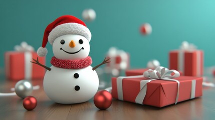 Poster - A snowman with a red hat and a white scarf is smiling