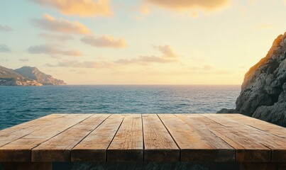 Aufkleber - A wooden table overlooking a serene ocean at sunset, creating a peaceful atmosphere.