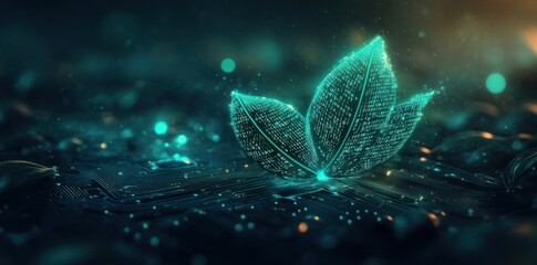 Poster - A glowing digital leaf on a circuit board, symbolizing the fusion of nature and technology.