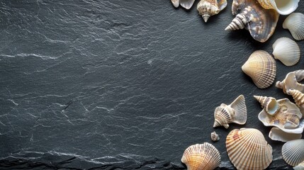 Poster - A collection of seashells arranged on a dark slate background for decorative purposes.