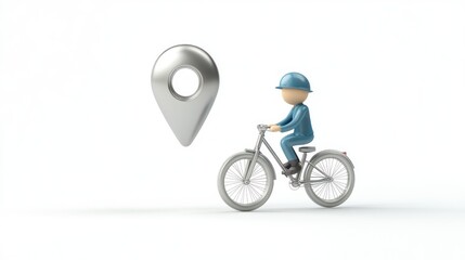 Poster - A cartoon figure riding a bicycle next to a location pin symbol.
