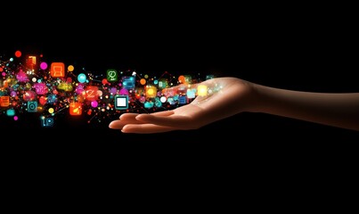 Poster - A hand releasing colorful digital icons and lights, symbolizing technology and connection.
