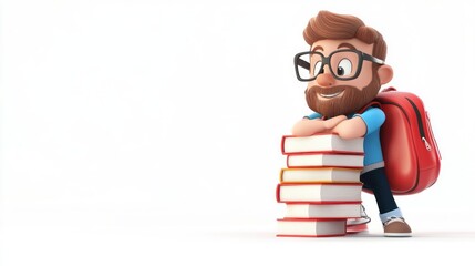 Poster - A cheerful character with glasses and a backpack leans on a stack of books, symbolizing learning.