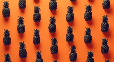 Poster - A vibrant arrangement of black pineapples on an orange background, creating a striking visual.