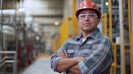 Poster - A man wearing a hard hat and safety glasses stands in a factory