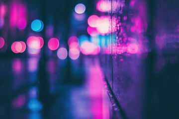 Poster - Blurred neon lights in purple and pink adorn the wall of an urban street at night. A blurred background with city lights creates a dreamy atmosphere.