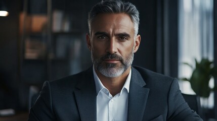 Poster - A man in a suit and white shirt sits at a desk