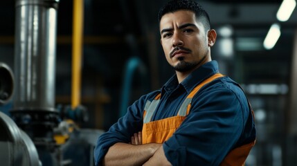 Poster - A man in a blue and orange vest stands in front of a large piece of machinery