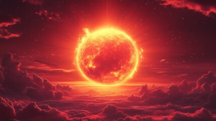 Poster - A red sun is in the sky with clouds in the background