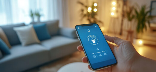 Person using smart home application on mobile phone, controlling lights and temperature