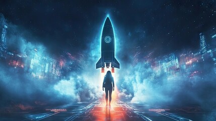 Poster - Businessperson launching virtual rocket, symbolizing rapid startup success and strategic planning. Futuristic design.