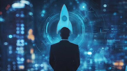 Poster - Digital startup concept with a virtual rocket launch icon, businessman looking at future growth and success.