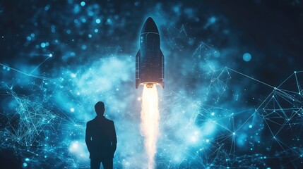 Poster - Digital startup concept with a virtual rocket launch icon, businessman looking at future growth and success.