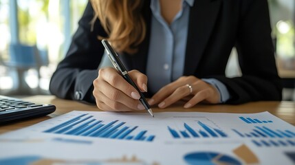 Poster - business professional analyzing financial data and graphs in a modern office setting, with focus on 