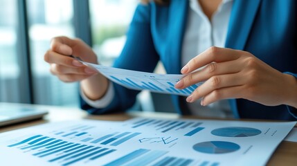Poster - business professional analyzing financial reports and data charts in modern office environment with 