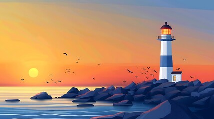 Canvas Print - A serene lighthouse stands on rocky shores at sunset, guiding ships with its warm light amidst a tranquil sea.