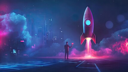 Poster - Futuristic startup concept with businessman activating digital rocket icon, symbolizing fast business launch.