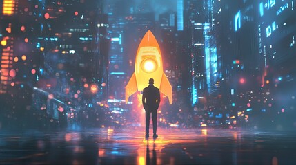 Poster - Futuristic startup concept with businessman activating digital rocket icon, symbolizing fast business launch.
