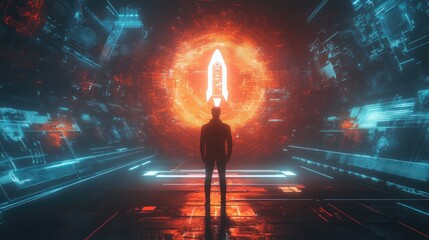 Poster - Futuristic startup concept with businessman activating digital rocket icon, symbolizing fast business launch.