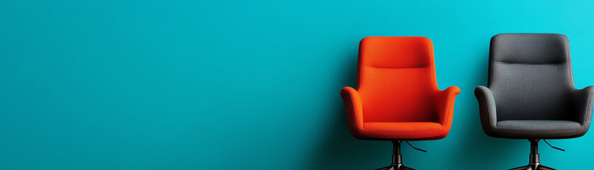 Modern workspace featuring two stylish chairs against turquoise wall, perfect for creative environments.