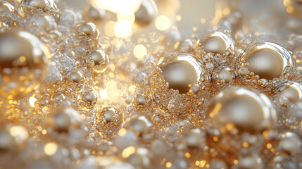 Poster - Many golden bubbles cluster together, their surfaces glistening and reflecting light