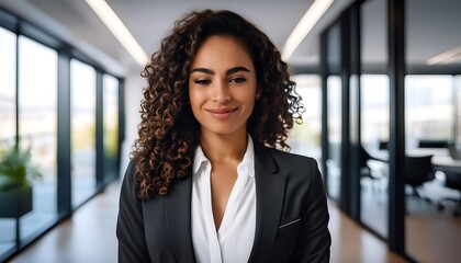 a confident young hispanic woman stands in a modern office, her curly hair evident beneath _1(47)