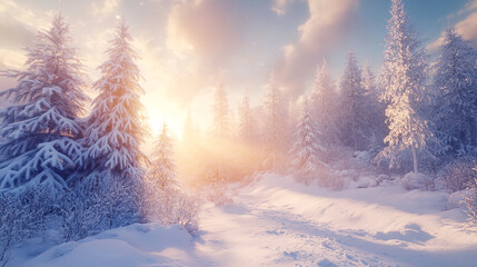 Poster - Snow-laden pine trees stand tall in a winter forest bathed in the soft glow of a sunrise