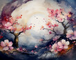 © 100ME - 中心から外へ広がる円形グラデーションの中に、桜の花びらが舞い散るようなエフェクトを加え、日本の春の儚さを表現するアブストラクトな背景イメージ