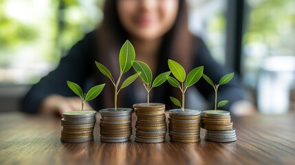 Poster - Growth and Prosperity: A Businesswoman Nurtures Green Plants Emerging from Stacks of Coins Symbolizing Financial Success and Sustainable Investment Practices