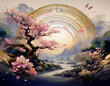 © 100ME - 中心から外へ広がる円形グラデーションの中に、桜の花びらが舞い散るようなエフェクトを加え、日本の春の儚さを表現するアブストラクトな背景イメージ