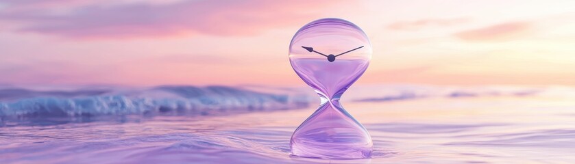Poster - Captivating hourglass with clock hands on serene beach sunset reflection nature's tranquility aesthetic view