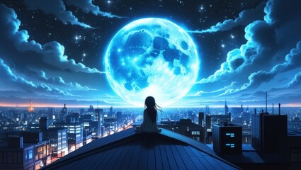 night cityscape, giant blue moon, silhouette of girl sitting on rooftop, starry sky, glowing clouds, urban skyline, anime style, digital art, dramatic lighting, ethereal atmosphere, futuristic city, m