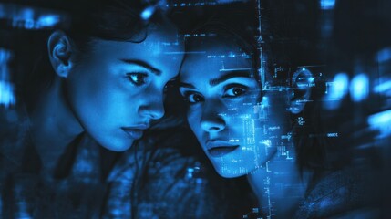 man, woman and tablet with overlay for technology, maintenance or night data center or futuristic. t