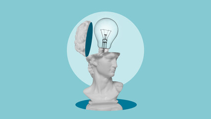 Poster - Creative thoughts and power are shown by electric light bulb from the head. Creative Ideas Brainstorm Thinking Inspiration and motivation