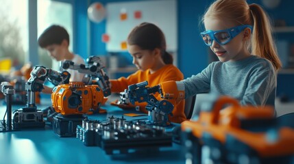 Aufkleber - multicultural happy diverse schoolchildren learning using gadgets and building robots on software ro
