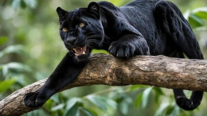 Wall Mural - black panther above tree branch