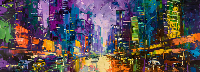 Poster - A vibrant cityscape painting, showcasing towering skyscrapers and bustling streets