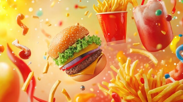 Whimsical burst of fast food items in a colorful scene, with burger, fries, and drink taking center stage.