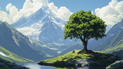 Wall Mural - A lone tree stands on a grassy knoll overlooking a mountain lake and a snow-capped peak in the distance.