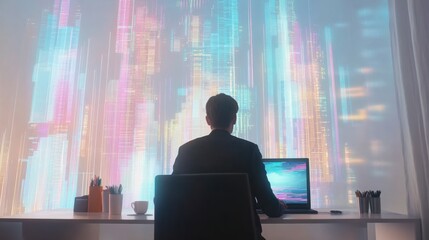 Poster - Businessman looking at huge laptop with abstract forex chart holograms, coffee cup and supplies on white background. Workplace and trade concept.