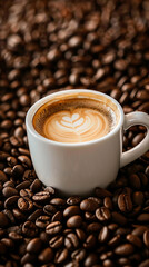 Wall Mural - A white coffee cup with a decor shape on top of it is sitting on a pile of coffee