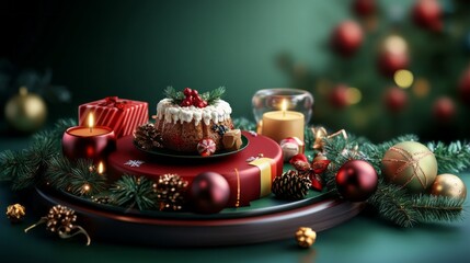 Poster - A festive Christmas scene with a red plate holding a cake and a green background