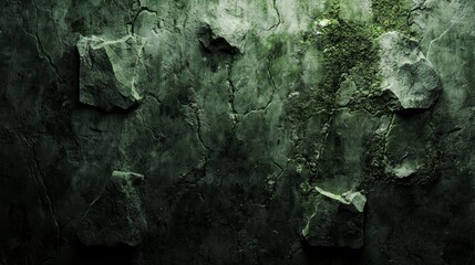 Poster - Dramatic green mossy rock wall with cracks, ideal for backgrounds and textures in projects, adding depth and character with a vintage feel. Perfect for creating mystery and spookiness