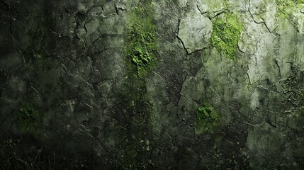 Poster - Green moss covers old concrete wall, creating unique grunge texture. Cracked, aged surface contrasts with rugged moss pattern. Nature reclaiming urban space. Vintage, industrial feel