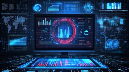 Poster - analyst uses computer and dashboard for data business analysis and data management system with kpi a