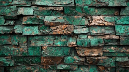 Poster - Decorative stone wall with green and brown colors adds depth and character to any space, perfect for home renovation projects