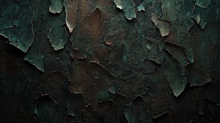 Poster - Dark green and brown textured surface featuring peeling paint creates an abstract pattern, suitable for backgrounds and design projects