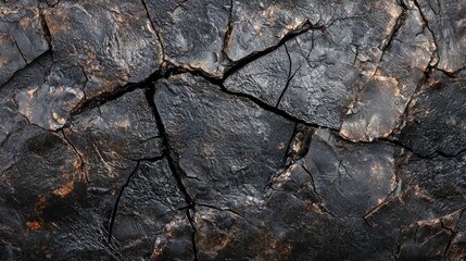 Poster - Close-up view of a dark, cracked rock surface forming an intricate abstract pattern, showcasing the effects of weathering and geological processes