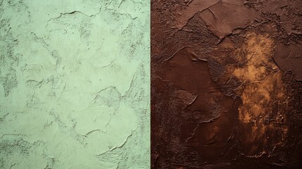 Poster - Decorative plaster texture showcasing a contrasting two-tone background, featuring a light green section alongside a darker brown one, creating a visually striking effect